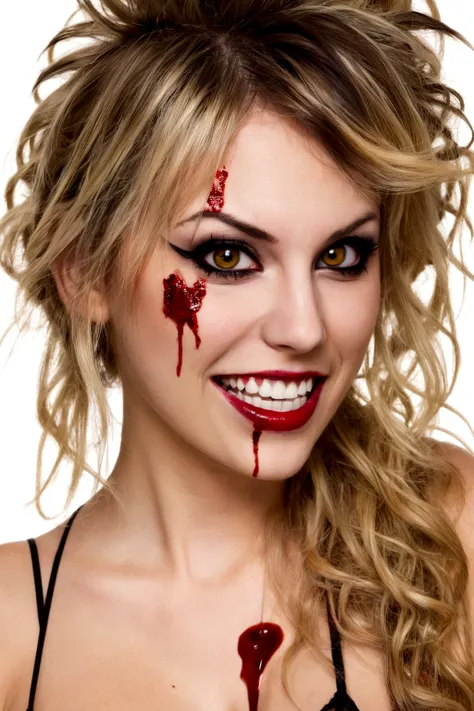  (age 25)  psycho psyco ex girlfriend  (crazy makeup, crazy hair, sexy strappy tattered lingerie, jagged tools), smile teethshowing,large open crazy eyes, blood spattered bedroom, blood splattered over body, 