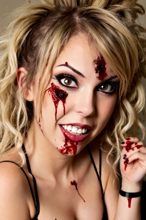  (age 25)  psycho psyco ex girlfriend  (crazy makeup, crazy hair, sexy strappy tattered lingerie, jagged tools), smile teethshowing,large open crazy eyes, blood spattered bedroom, blood splattered over body, 