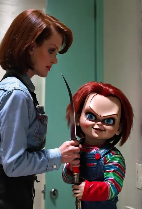 Chucky with a knife in his hand looking at Tiffany Valentine couple