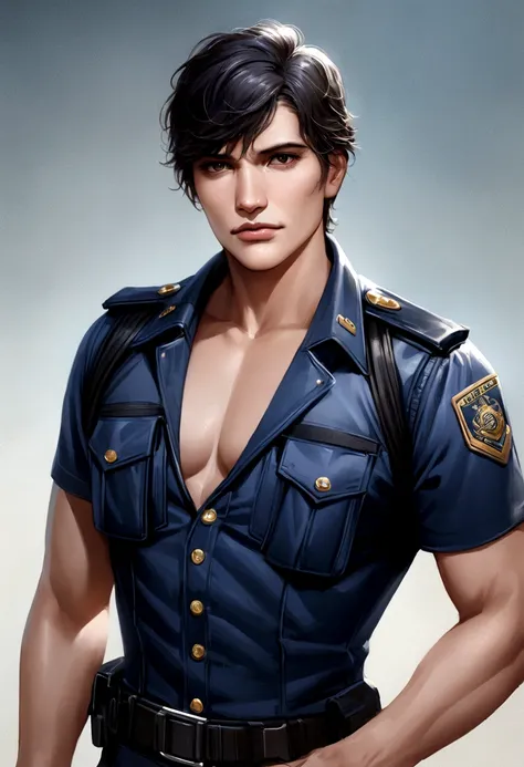 realistic nude of young Pedro PAscal, dressed like a hot police officer