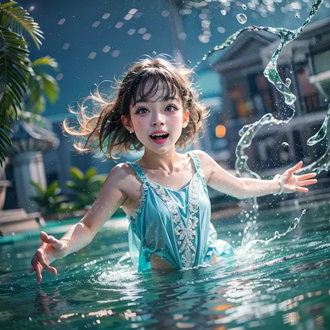 (8K TopQuality masterpiece: 1.2)(Realistic ProfessionalPhoto:1.37), VolumetricLighting. Tiny Girls, girl jumping into the water、Falling、splash water、shout、Luminous water surface、White and Bright colors, back lighting, Radiant PearlSkin, sparkling highlight...