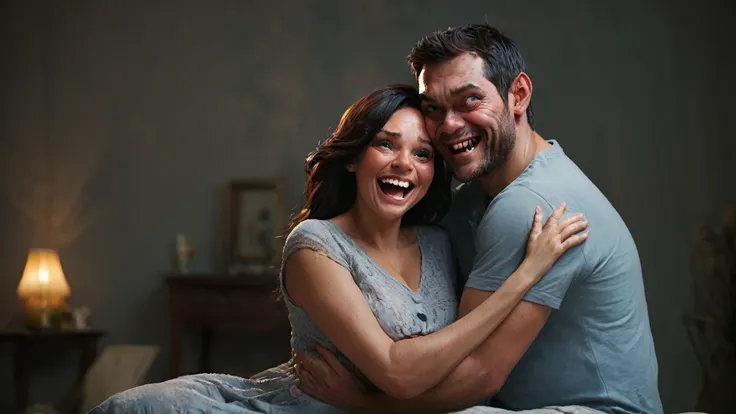 happy pregnant woman with happy man hugging. a real demon watching.