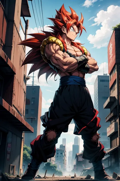 1boy, full body view, hovering in the air, gogeta, anime, high detailed, badass, (crossed arms), confident smile, muscular, (bod...