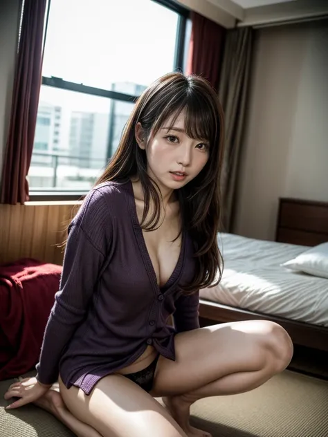 (In 8K，highest quality，masterpiece)，(Realistic，RAW Photos，Super Fine Clear)，Realistic Light，Detailed skin，Beautiful Japanese Woman，((30-year-old woman，))、Businesswoman、Office Fashion，Purple sexy panties、kneeling to spread legs，Thin legs、fine grain，Detailed...