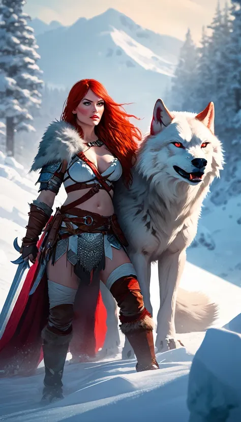 a fierce redhead warrior, red sonja, with her companion a huge giant wolf in a snowy landscape, blood stains on the pristine whi...