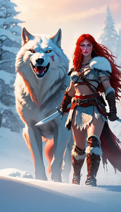 a fierce redhead warrior, red sonja, with her companion a huge giant wolf in a snowy landscape, blood stains on the pristine whi...