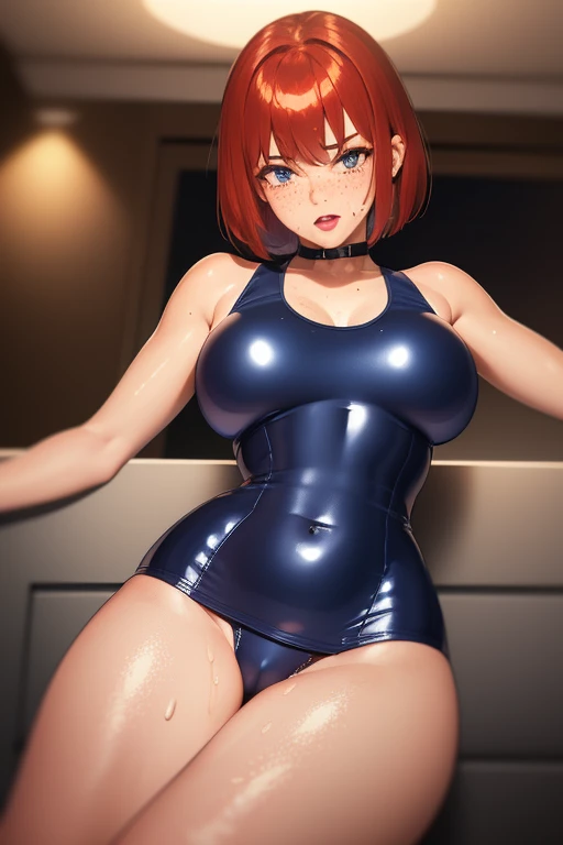 realistic, 4k, ((Navy blue school swimsuit metallic shiny latex mirror that reflects light)), ((redhead with bangs)), ((short hair)), cheeks turned red with embarrassment.((has freckles)),　((Bright red full lips)),　duck mouth, 　((bright eyes)),　((Showing o...