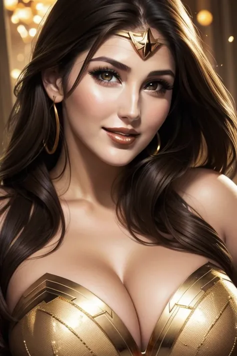 lucy pinder, face portrait, beautiful face, smiling, voluptuous woman, (( gold lipstick)), Wonder woman