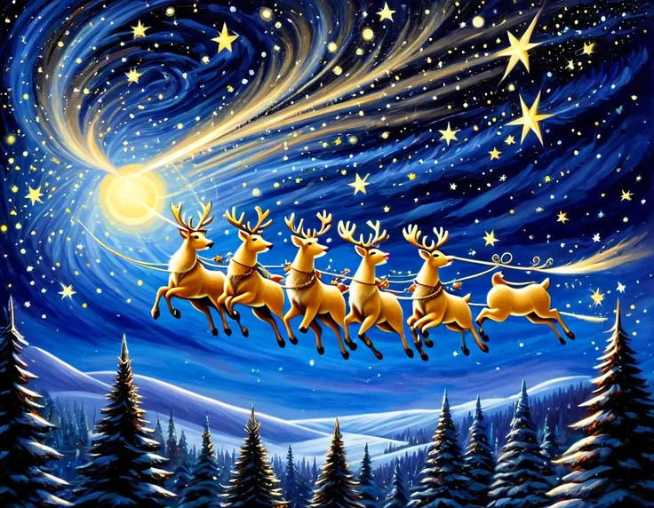 Santa Claus and his reindeer team soaring through a starry night sky, guided by the North Star