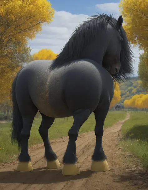 full rear view of a very huge fat  very hairy (200) black(100) draft  horse stallion with 2 big lumps of horse dung (50) droppin...