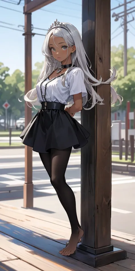 (Masterpiece, best quality, intricate details, 1sologirl) iron collar, arms behind back, iron cuffs, shackles, leather collar choker neck bell, bound ((standing by wooden pole:1.2)) ((female Black Dark skin Gyaru)) show entire body frontal position, feet i...