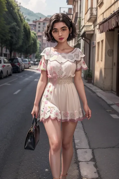 A beautiful woman with short black hair, transparent round glasses, brown eyes, thin waist and wide hips, with red lipstick on makeup, with a pink and white lace mini dress, standing with high-heeled sandals, walking