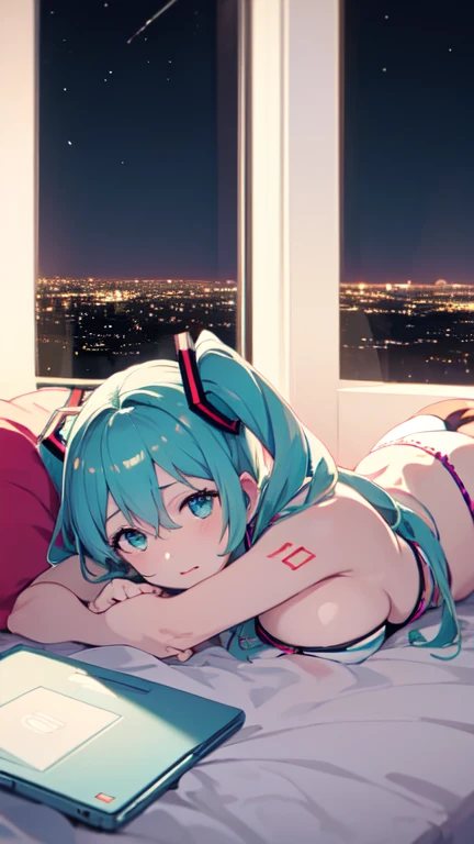 Lying in bed、Studying on a laptop、Hatsune Miku in a bikini、Large Breasts、beautiful night view outside the window