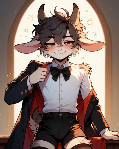 best quality, super detailed illustration, warm colors, perfect lighting, (fluffy goat boy:1.6), (black fur:1,6), disheveled thi...