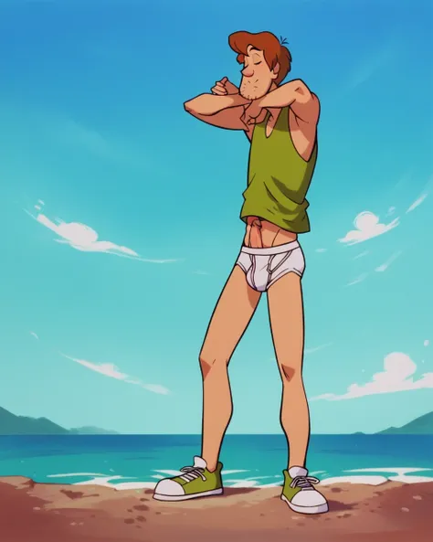 shaggy rogers, tank top, outside, standing, legs together, long penis, eyes  closed, , blue sky,  shoes, no clone, solo, putting...