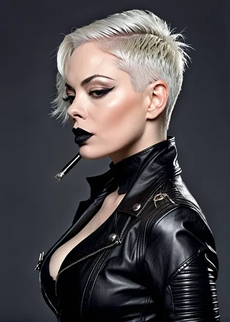 profile side image. very muscular woman 40 years old pornstar actress Rose McGowan. shaved white hair, zero cut, military, white, very short. skin completely gothic pale. gothic black lipstick.Muscular body, muscular arms, strong. tatoos. neck. leather jac...