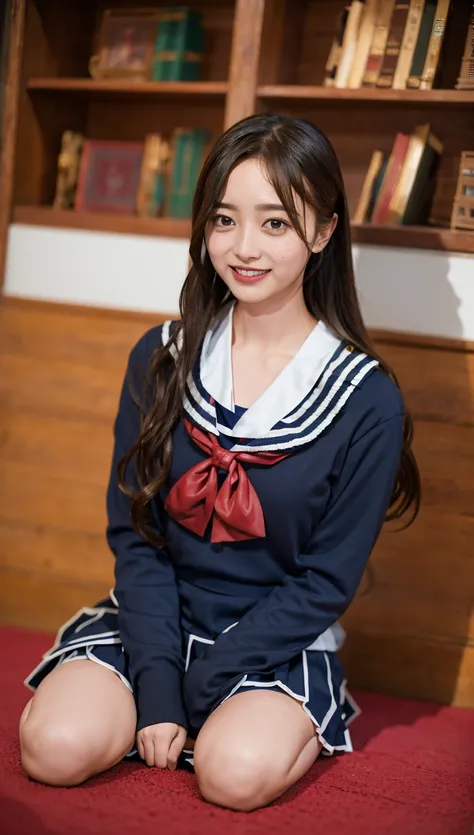 ((highest quality、8k、masterpiece:1.3)),((((fullbody shot)))),Ultra-high resolution,big eyes,Japanese,forehead,bangs,(a girl),(1 girl),((16 years old)),((cute)),pretty,((facing at viewer)),(long hair),(((black sailor uniform))),grin,(sitting),(pleated mini ...