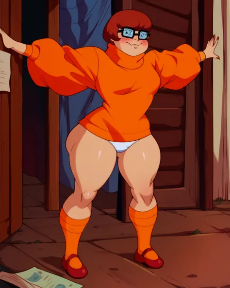 velmaXL, orange sweater, skirtless, standing, big butt, white panties, shy, blushing cheeks, legs spread apart, orange socks, red shoes, thicc thighs, 