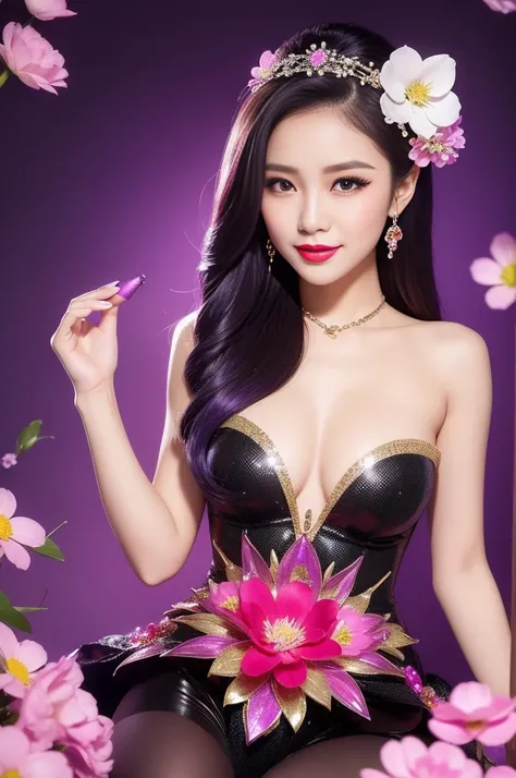 sexy Thai model who controls poison、beautiful smile、lipgloss、bold lipstick、intense makeup、look at the camera、full body Esbian、、sparkling poisoned flower costume、、、、sparkling Colorful hair、secrete poison、skull hair accessories、sexy tights、shiny sparkling fl...