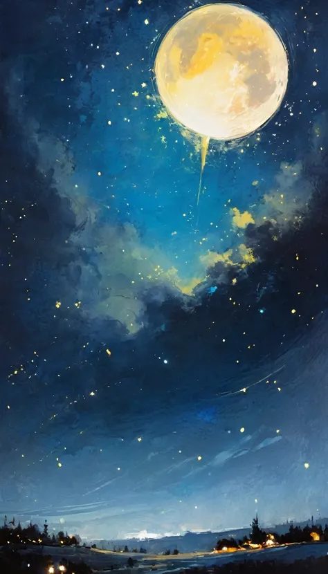 magic, fantastic, night sky, moon, stars, background, (simple oil painting in a style to Bill Sienkiewicz)
