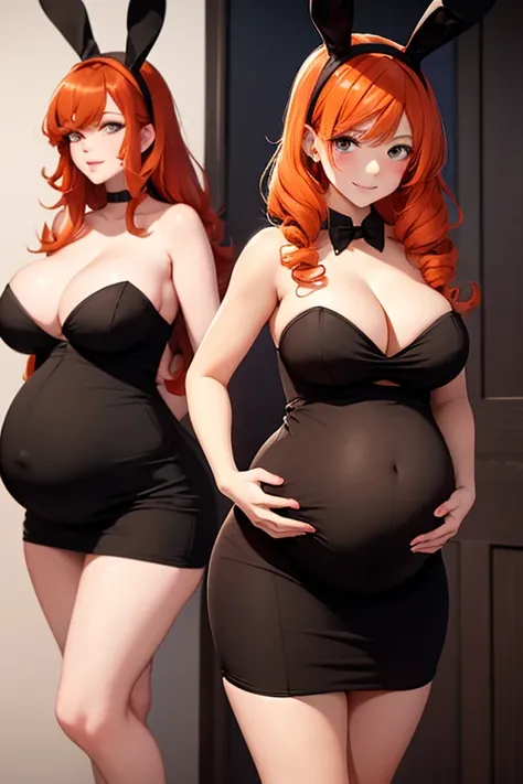 Sexy pregnant bunny girl, cleavage, bunny ears, curly orange red hair, tight strapless black dress, pregnant