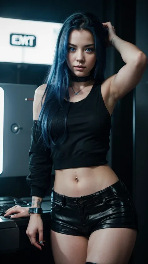 A 23-year-old girl with the face of Amy Lee, blue eyes, hyperrealistic, with short shorts, cyberpunk style 