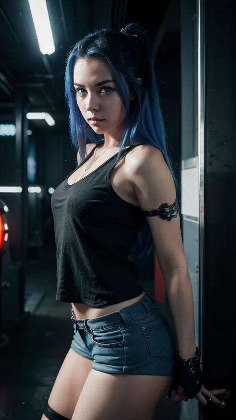 A 23-year-old girl with the face of Amy Lee, blue eyes, hyperrealistic, with short shorts, cyberpunk style 