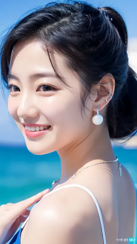 a girl wearing tiny blue sample earring, At the beach, sea, blue sky, sea breeze, half body shoot, Korean, KPOP, happy smile, group, white skin, black hair, jewelry, commercial advertising, white background, laser gradient background, subsurface scattering...