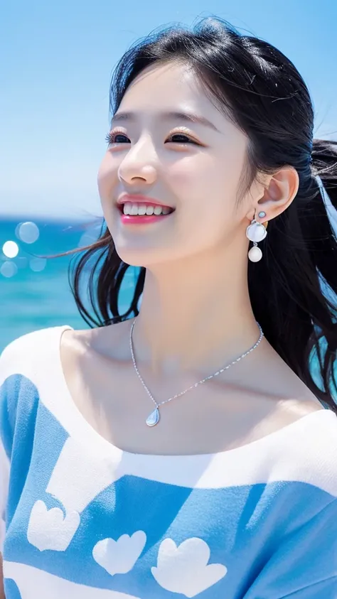 a girl wearing tiny blue sample earring, At the beach, sea, blue sky, sea breeze, half body shoot, Korean, KPOP, happy smile, group, white skin, black hair, jewelry, commercial advertising, white background, laser gradient background, subsurface scattering...