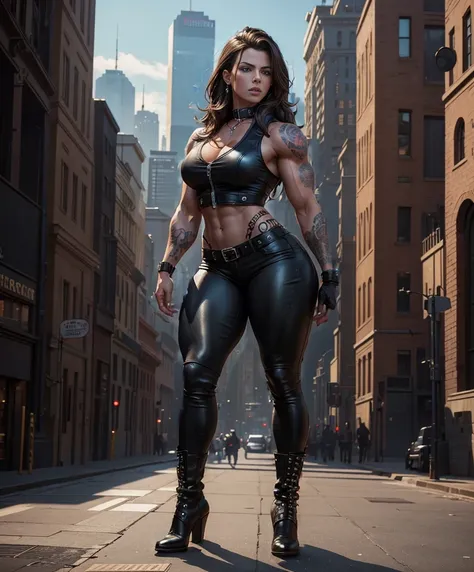 full body shot, Body profile of muscular female bodybuilders - large voluminous female muscles.,wearing an open black leather vest.., tight pants, and heavy boots, She has a punk rock look. Her tattoos all over her body highlight her seasoned character.......