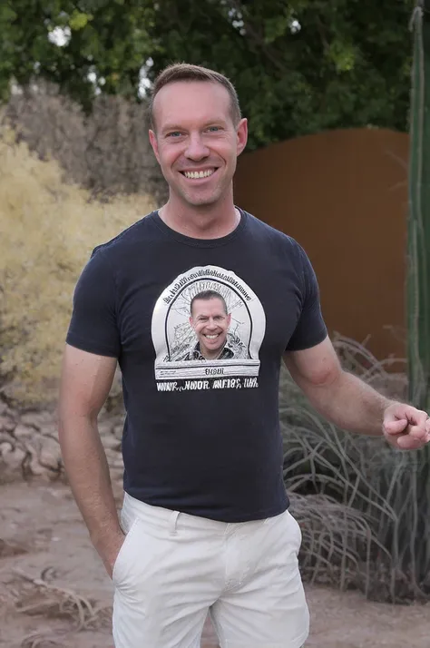 street photography photo of a man (Todder9), smile, happy, graphic logo t-shirt, hands in pocket, sitting in a dark 50s diner