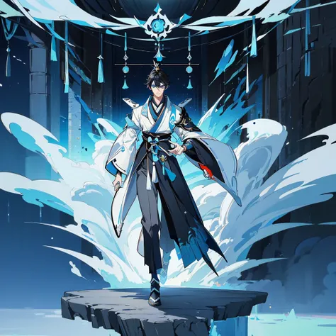 ((Genshin impact style)) (masterpiece), (high quality), (pretty boy face), 1 boy, 16 years, masculine and tall body, white skin, ((medium black hair)), ((light blue and cold eyes)), calm and neutral expression, designs from East Asian, Game character costu...