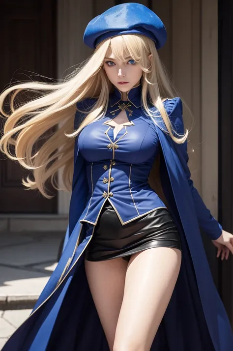 I want the character Astoria Caster from Fate to release a spell called mystical blast, she blonde with long hair wears a blue beret