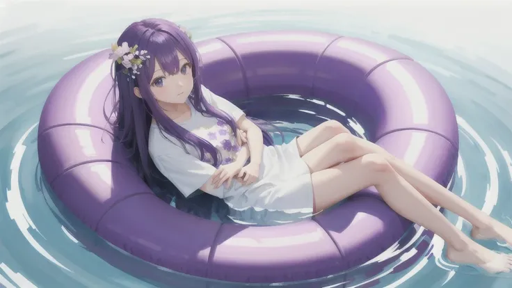 purple flower pattern white background, sitting in the middle, casual outfit, inside in the circle in the middle, long hair, water reflection,