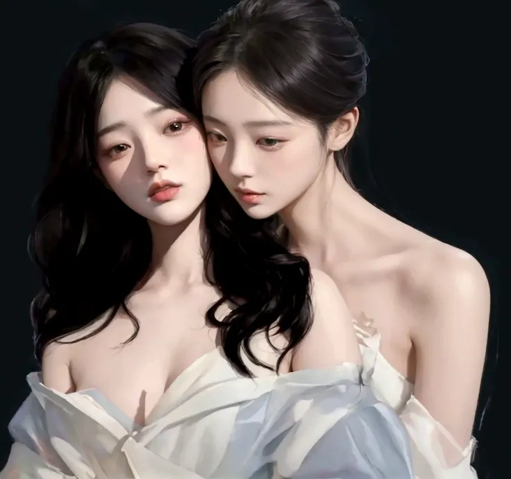 there are two women that are standing next to each other, Artwork in the style of gouache, In the art form of the pond, Greedy and failed, Inspiration from Yan Juncheng, digital paintingที่นุ่มนวล, digital pain, digital painting 8k, Inspiration from Kim De...