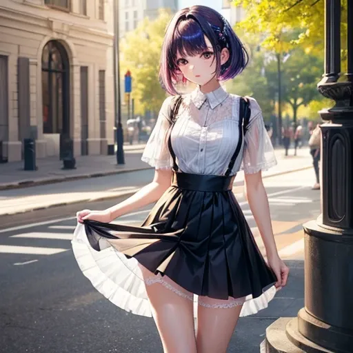 masterpiece, Top-class, Spring Dresses, Colored Hair, Outdoor,  Sheer short skirt,, suspenders, Light tulle, Wide Hips, Narrow waist, Smooth, soft and delicate skin　Making jam