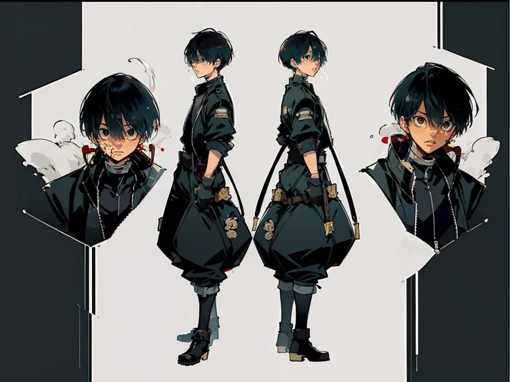 (((three-sided view, front view, side view, back view, multiple views, multiple poses and expressions, many parts)), concept art, character concept art, character sheet, Full body, illustration, (simple background, gray background), 1 character, 1girl, fan...