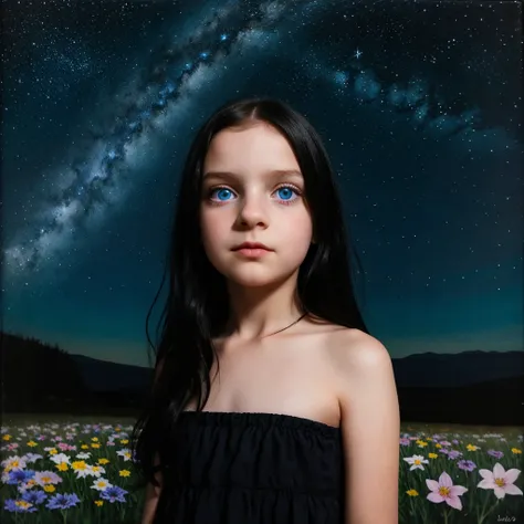 retraction-up photo, a little 9-year-old goth girl, blue eyes black hair wearing a white glass, standing on the ground, night vi...