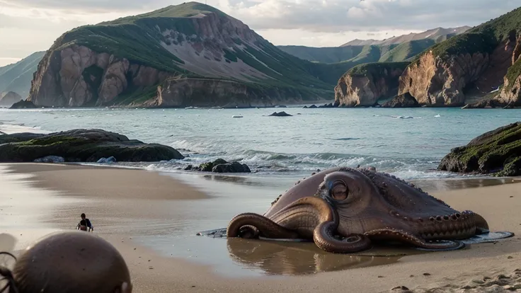 a scene, apparently taken from an old camera, from a distance not too close, ultra realisitic, where it shows a giant realistic octopus dead and stranded on a beach, hundreds of curious people surround him.
