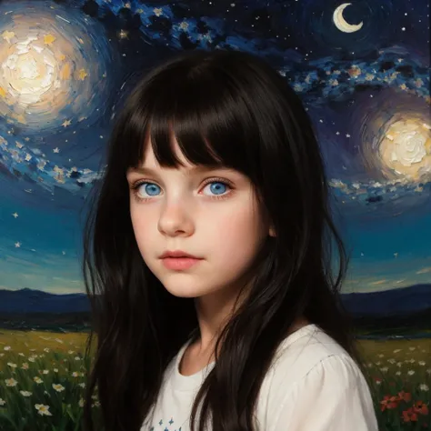 retraction-up photo, a little 9-year-old goth girl, blue eyes black hair wearing a white glass, standing on the ground, night vi...