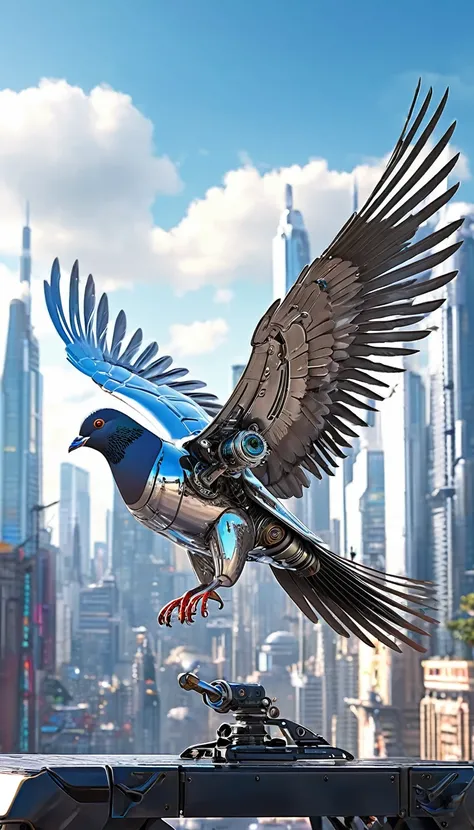 Jet-powered pigeons、Flying Metal Mechanical Pigeon，Futuristic Metal Pigeon，Mechanical pigeon，This pigeon is made entirely from small metal parts.，Exquisite Mechanical Wings,Metal feathers,Precise and intricate design,Very fine texture,Polished steel body,F...