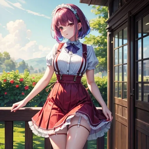 masterpiece, Top-class, A woman wearing a spring dress is making jam, Colored Hair, Outdoor,  Sheer short skirt,, suspenders, Light tulle, Wide Hips, Narrow waist, Smooth, soft and delicate skin　