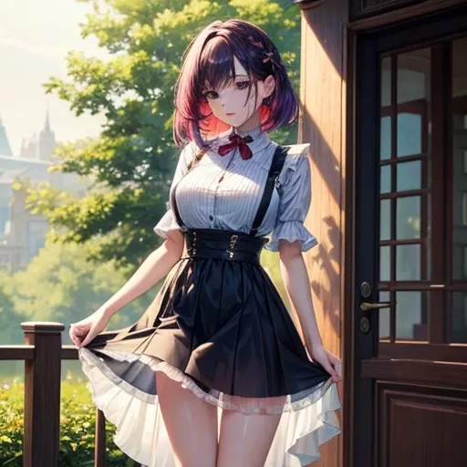 masterpiece, Top-class, A woman wearing a spring dress is making jam, Colored Hair, Outdoor,  Sheer short skirt,, suspenders, Light tulle, Wide Hips, Narrow waist, Smooth, soft and delicate skin　