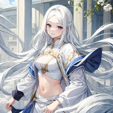 masterpiece, Highest quality, One girl, whitish eyes,center parted hair、forehead,sholder length hair、medium hair、white hair、T-Shirts,(crop top navel:0.8)、gentle smile、Very sexy、upper body,from front,