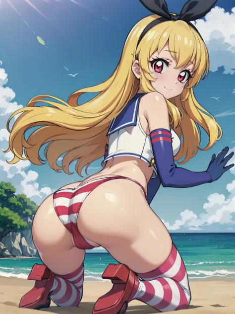 a really well drawn anime sexy woman kneeling on the beach in the water, 1girl, shimakaze (kancolle), gloves, elbow gloves, solo, long hair, thighhighs, ass, top-down bottom-up, white gloves, underwear, panties, striped thighhighs, blonde hair, striped, th...