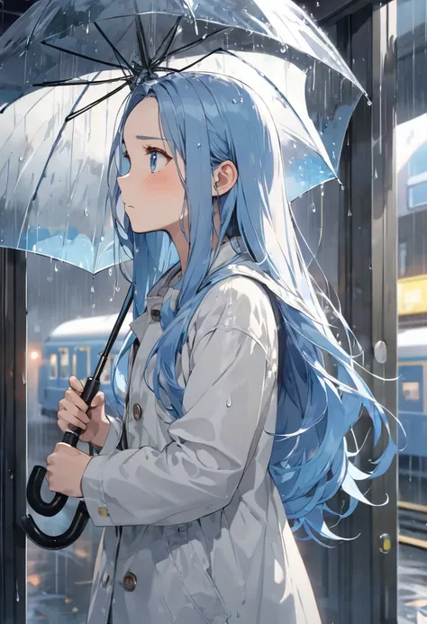 (hard rainy style) (rain:1.4 in the Station entrance), (hand holding a big detailed umbrella), (profile solo:2, 15 yo forehead blue hair long hair lovely girl, cute blue eyes, anxiety face), break, background a rain city, BREAK, perfect anatomy, masterpiec...