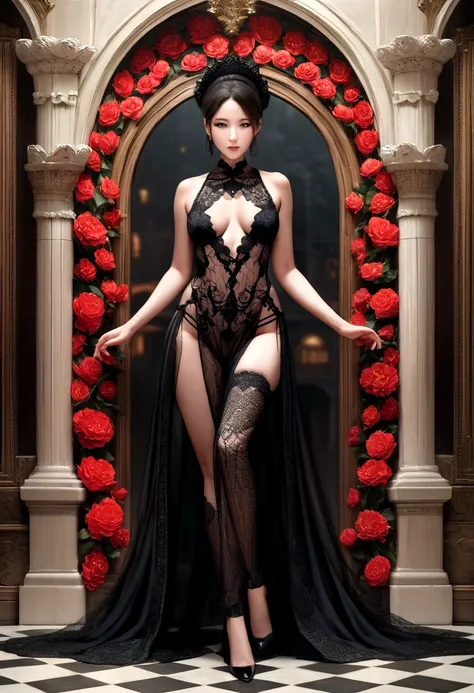 ((masterpiece)), ((Highest quality)), (((Photo Real))), Captivating high resolution photograph of a seductive young woman in an erotic scene. Embroidered with red flowers、She wore a sexy, sheer black lace gown.、Full body portrait of an attractive young wom...