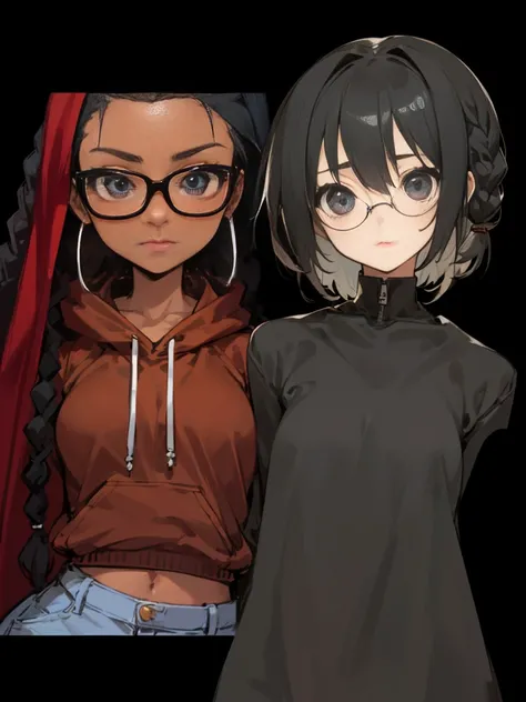 2 girls, friends, two anime characters with glasses and a hoodie, black anime manga girl, in an anime style, semirealistic anime style, black hime cut hair, braids