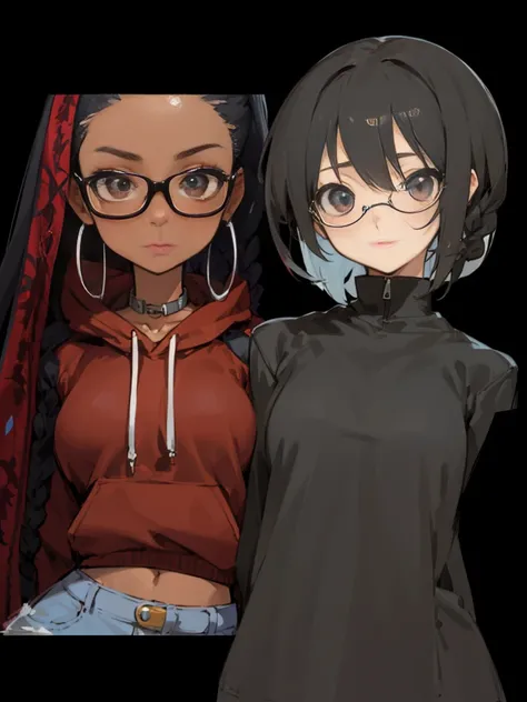 2 girls, friends, two anime characters with glasses and a hoodie, black anime manga girl, in an anime style, semirealistic anime style, black hime cut hair, braids