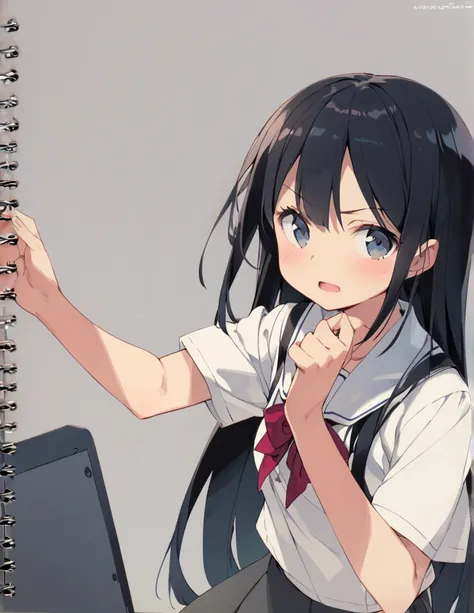 A middle school girl with long black hair 驚く